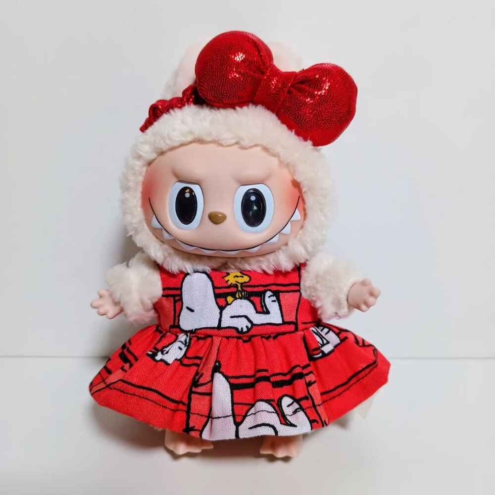 Snoopy Woodstock Handmade Outfit Dress and Metallic Bow for Labubu